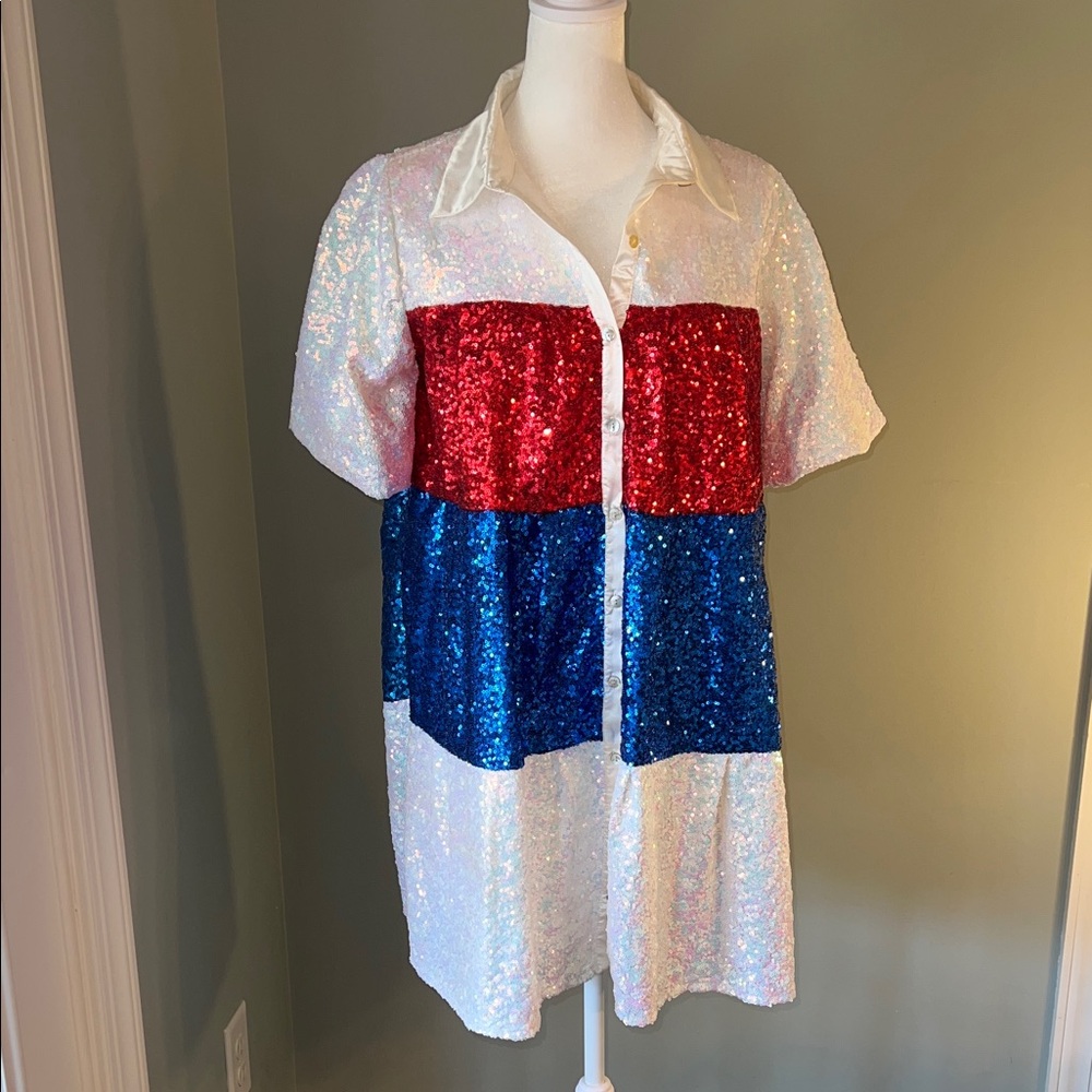 Peach Love California Red White & Blue Sequin Dress Sz M